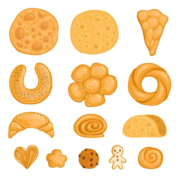 Un ensemble de produits de boulangerie paella, burrito, bagel, pain d'épice, croissant, rouleau, biscuit au chocolat. Illustration vectorielle . — Image vectorielle