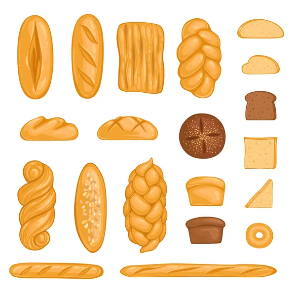 Zestaw produktów piekarniczych. Chleb, bochenek, hala, bagietka i chleb żytni w kreskówkowym stylu. — Wektor stockowy
