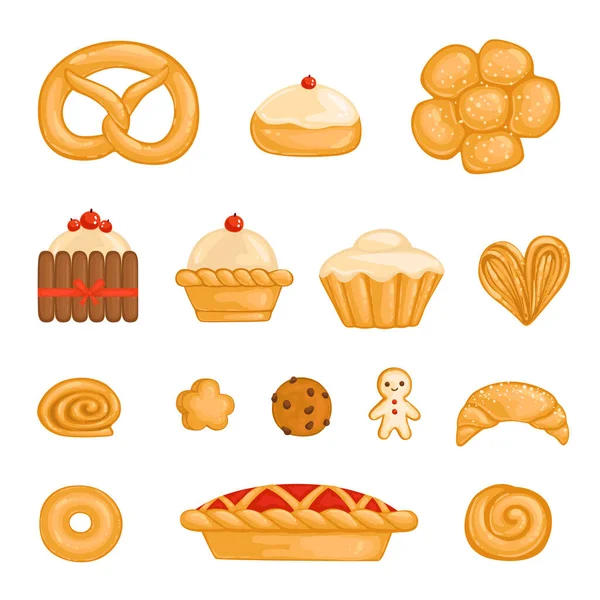 Un set di prodotti da forno bagel, pane, torta, cupcake, rotolo, biscotto, biscotti al cioccolato, uomo di pan di zenzero . — Vettoriale Stock