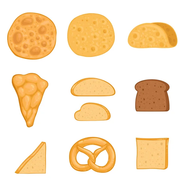 Un conjunto de productos horneados paella, burrito, bagel, pizza, tortilla, tostadas, pan de centeno . — Vector de stock