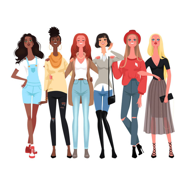 Group of cheerful young women in fashionable clothes. Girls are friends.