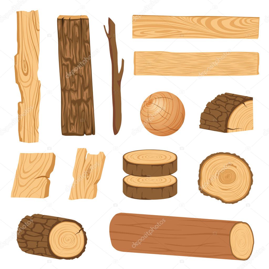 Set of icons of textured wooden boards, bars, and parts of a tree.