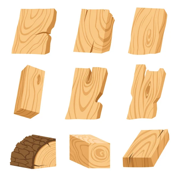 Uppsättning ikoner av texturerade träskivor, barer och delar av ett träd. — Stock vektor