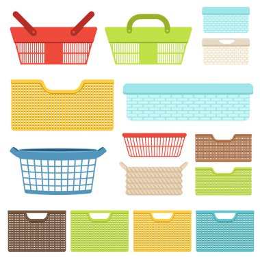 Banyo ya da dükkanlar için boş plastik kaplar ve sepetler. Çamaşır ve eşya depolama için plastik kutular