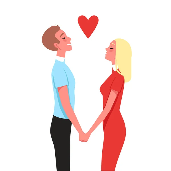 Man en vrouw houden elkaars hand vast en denken aan liefde. Vectorillustratie. — Stockvector