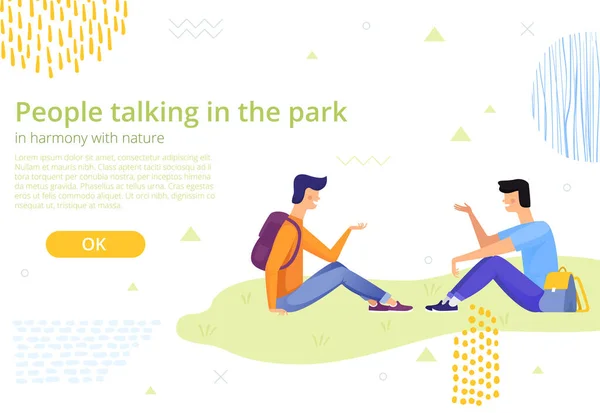 Honlap design sablon. Két diák beszélget a parkban a gyepen. Beszélj harmóniában a természettel.. — Stock Vector
