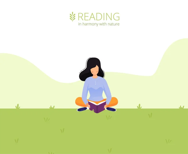 Mall för webbsidans utformning. Flicka läser en bok på gräsmattan i parken. Läsa i harmoni med naturen. Vektorillustration — Stock vektor