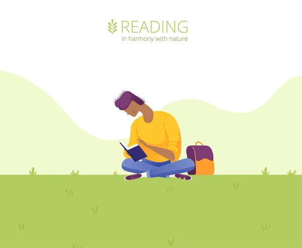 Mall för webbsidans utformning. Killen läser en bok på gräsmattan i parken. Läsa i harmoni med naturen. — Stock vektor