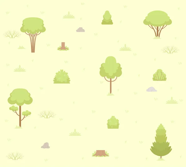Fondo verde parque de primavera con árboles, hierba, arbustos, tocones y piedras. Patrón plano elegante — Vector de stock
