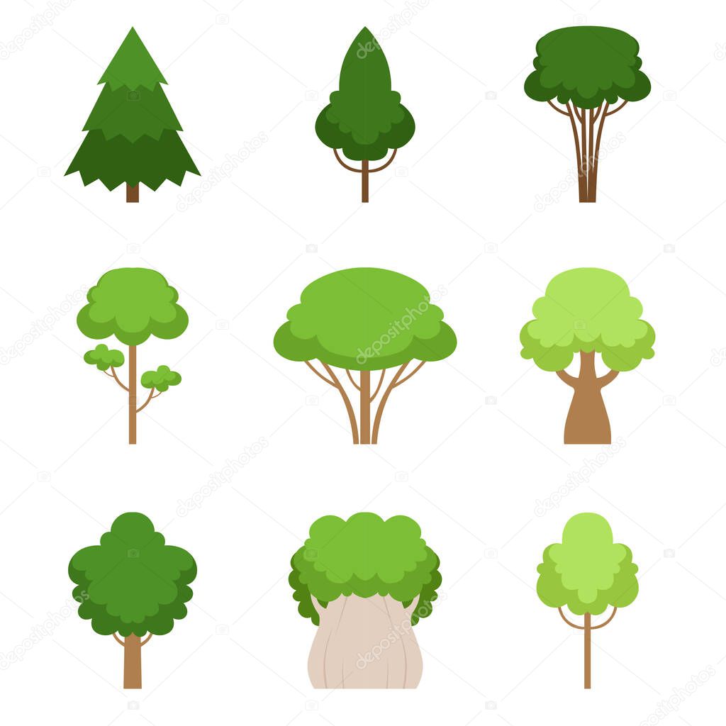 Set of different trees oak, sequoia, spruce, pine, cedar, maple, linden, cattan. Vector illustration.