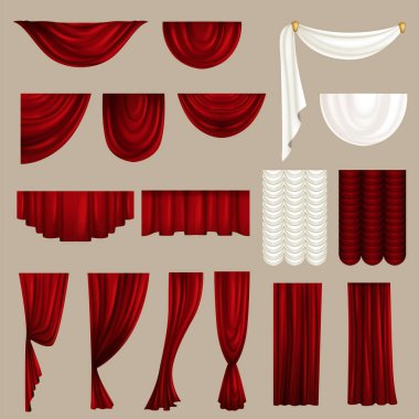 Farklı tiyatro perdelerinin koleksiyonu. Kırmızı kadife perdeler