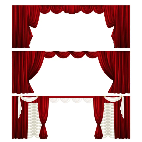 Коллекция различных театральных занавесок. Красные бархатные шторы — стоковый вектор
