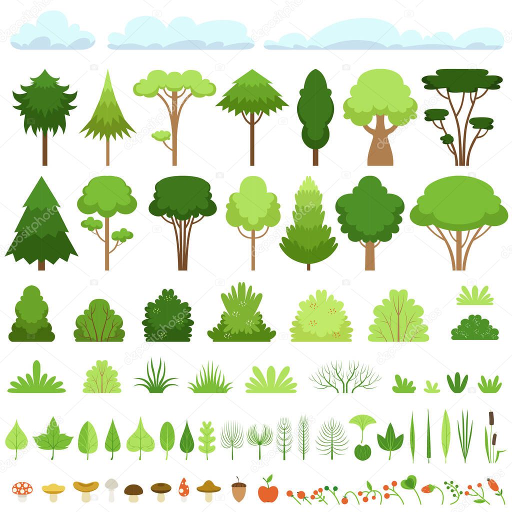 Set of different trees, bushes, grasses, leaves, mushrooms, apples, berries and clouds.