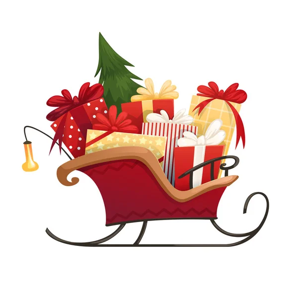 Санты сани с рождественскими подарками коробки с луками и елкой — стоковый вектор