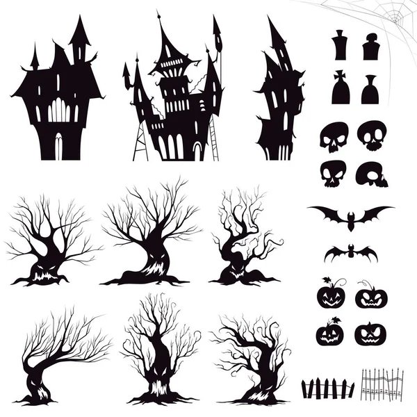 Uppsättning silhuetter för halloween dystra hus, lömska träd, staket, gravar, dödskallar, pumpor och fladdermöss — Stock vektor