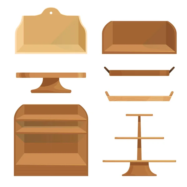Estantes de madera, cajones y soportes para guardar artículos o mostrar productos. Entrega de pasteles . — Vector de stock