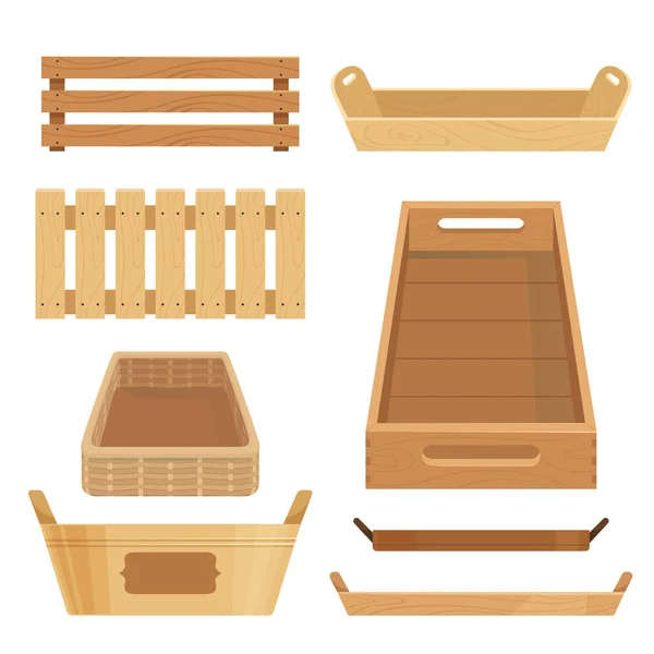 Cajas de madera, posavasos y recipientes para almacenar artículos, verduras, frutas o hornear — Vector de stock