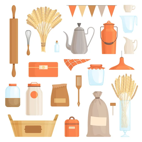 Комплект кухонных принадлежностей для украшения кухни, пекарни или кондитерской. Изолированный на белом фоне . — стоковый вектор