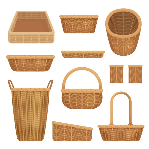 Conjunto de cestas vacías aisladas sobre fondo blanco. Cestas de picnic de mimbre, vacaciones de Pascua, contenedor limpio . — Archivo Imágenes Vectoriales