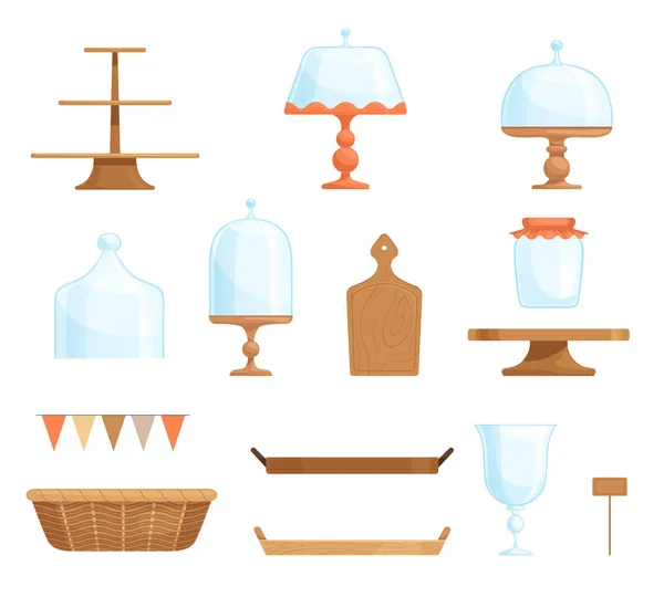 Supports pour gâteaux, muffins, gâteaux et pâtisseries. Panier et boîtes à pâtisserie. Capuchons en verre pour afficher des produits — Image vectorielle