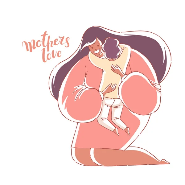 Afro-Amerikaanse moeder knuffelt zoon. Moeders houden ervan. Handgetekende stijl vector ontwerp illustraties. — Stockvector