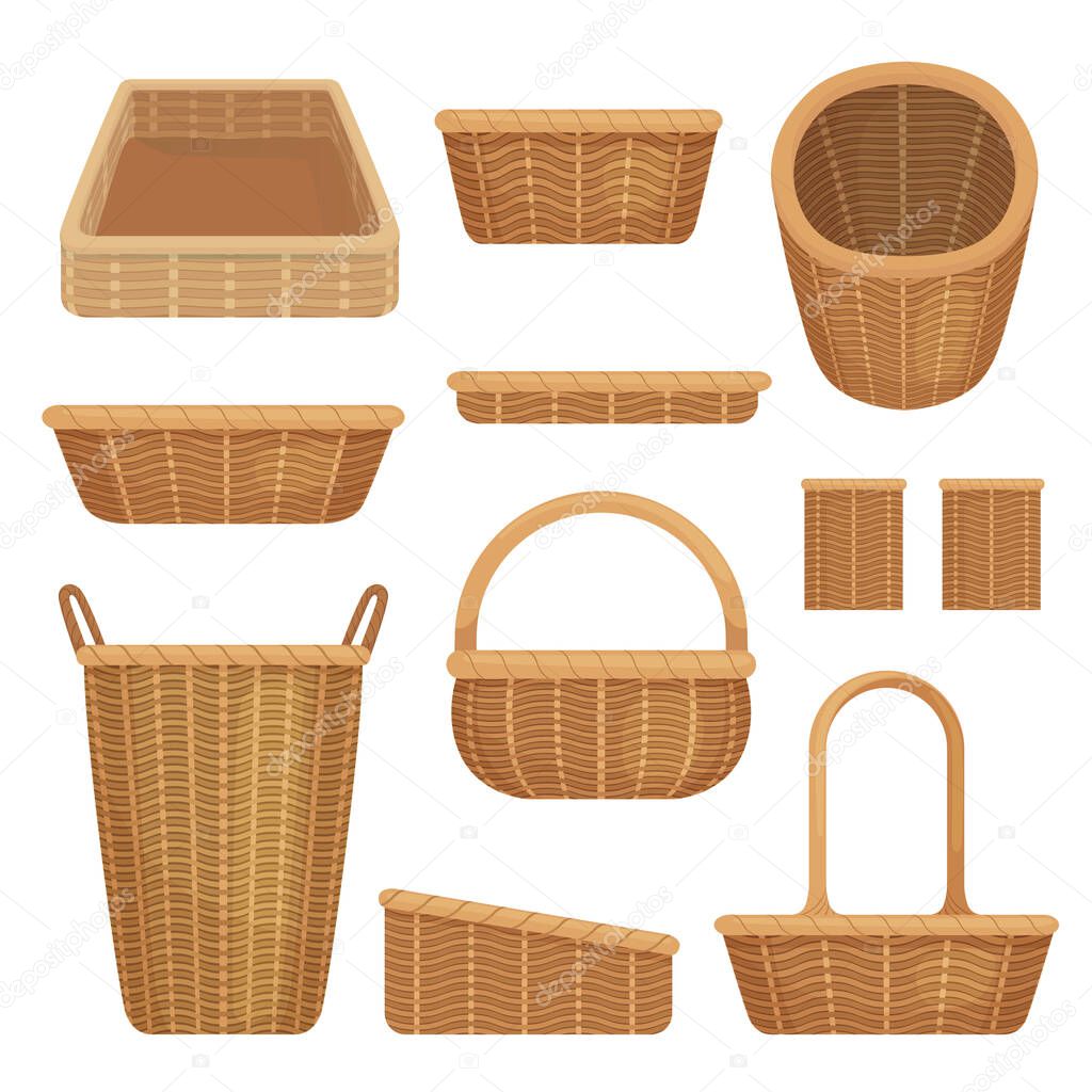 Empty baskets set isolated on white background. Wicker picnic baskets, Easter holiday, container clean.