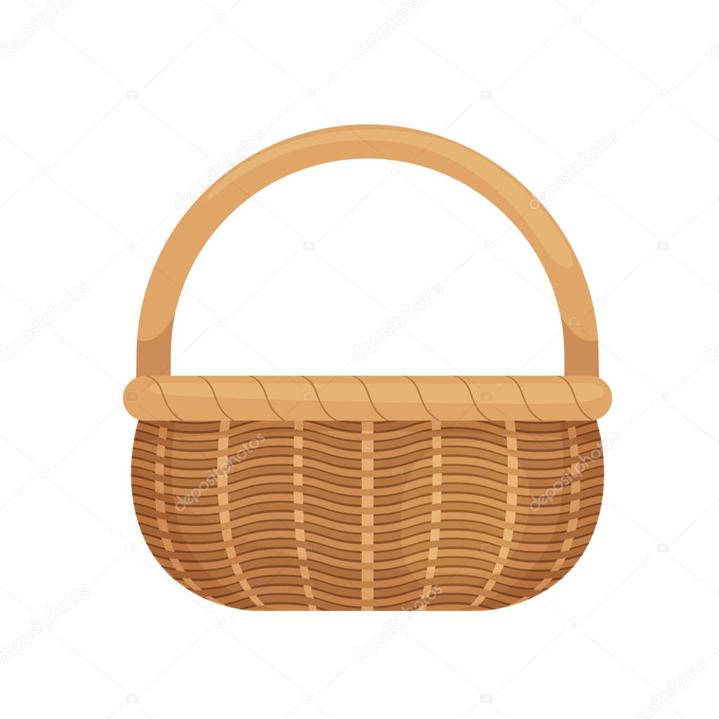 Wicker basket with picnic handle. Cartoon style. Eco-friendly. Isolated on white background.