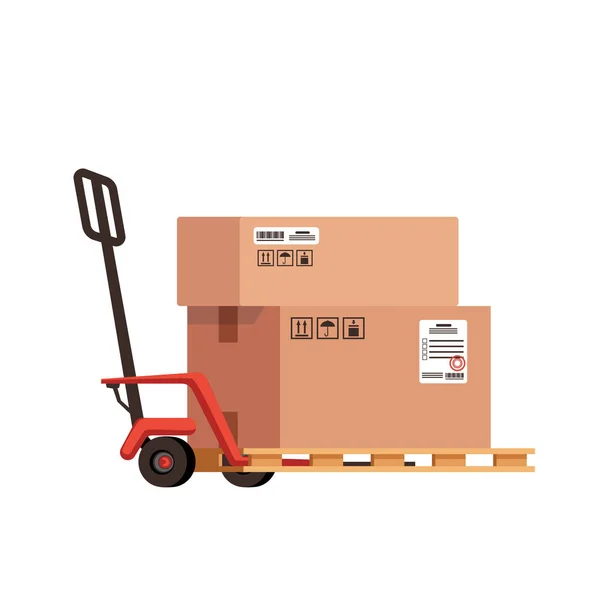Box transport, kartonproductie, metalen kar gebruikt om het werk op de fabriek te vergemakkelijken, veel containers. Vectorillustratie — Stockvector