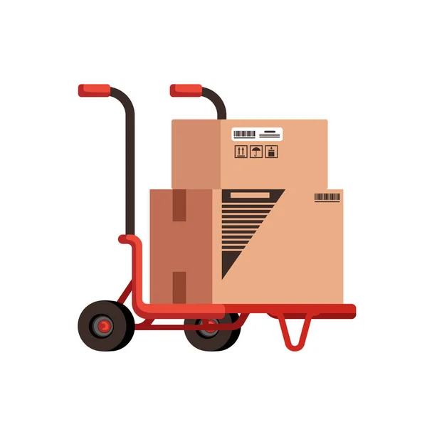 Transporte de cajas, producción de cartón, carro de metal utilizado para facilitar el trabajo en fábrica, muchos contenedores. Ilustración vectorial — Vector de stock