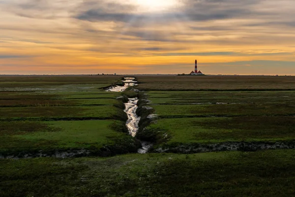 Φάρος Westerhever Κοντά Sankt Peter Ording Στο Ηλιοβασίλεμα Όμορφο Εκπληκτικό — Φωτογραφία Αρχείου