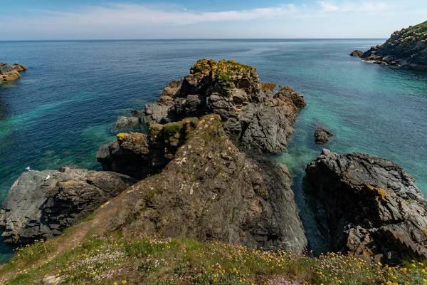 Güney Cornwall, İngiltere, İngiltere ve İngiltere 'de Cadgwith' te balıkçı tekneleri olan liman.