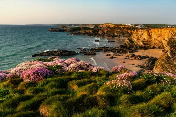 Güney Cornwall, İngiltere, İngiltere, İngiltere, İngiltere 'de Newquay Sahili kıyısındaki altın uçurumlar