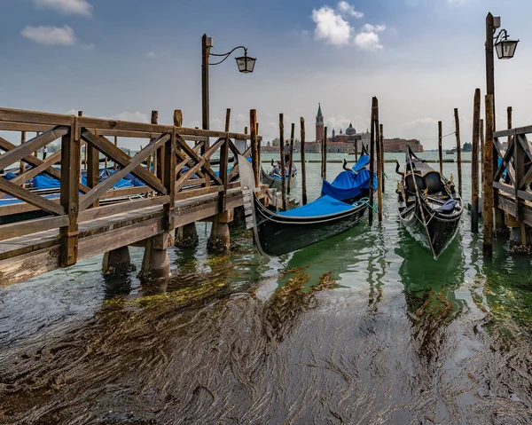 Γόνδολας Στην Προβλήτα Στο Grand Canal Βενετία Ιταλία Εκκλησία San — Φωτογραφία Αρχείου