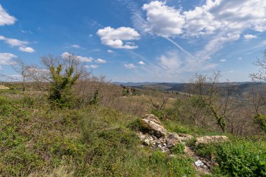 Baharda renkli tarlaları olan tipik Toskana İtalya manzarası