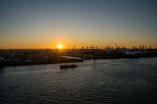 Vista Panorâmica Porto Hamburgo Cidade Hafen Rio Elba Pôr Sol — Fotografia de Stock