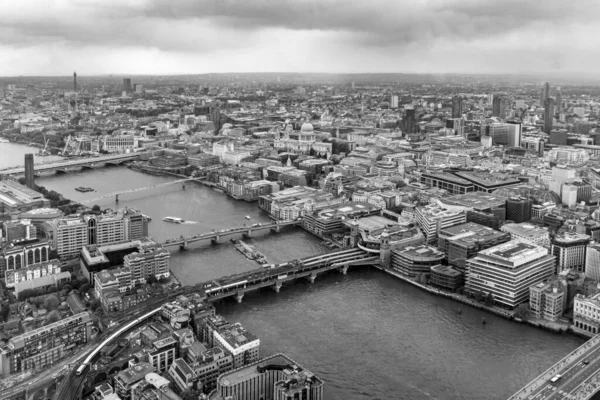 Aerial view over the City of London and River Thames in black and white, England, Great Britain