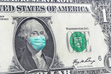 Benjamin Franklin 'in maskeli 1dolarları. Amerika Birleşik Devletleri' nin koronavirüs salgını. Coronavirüs salgını nedeniyle Birleşik Devletler ekonomisindeki düşüş