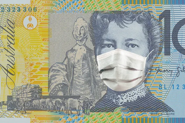 Dollars Australiens Dans Masque Médical Épidémie Coronavirus Australie Impact Épidémie — Photo