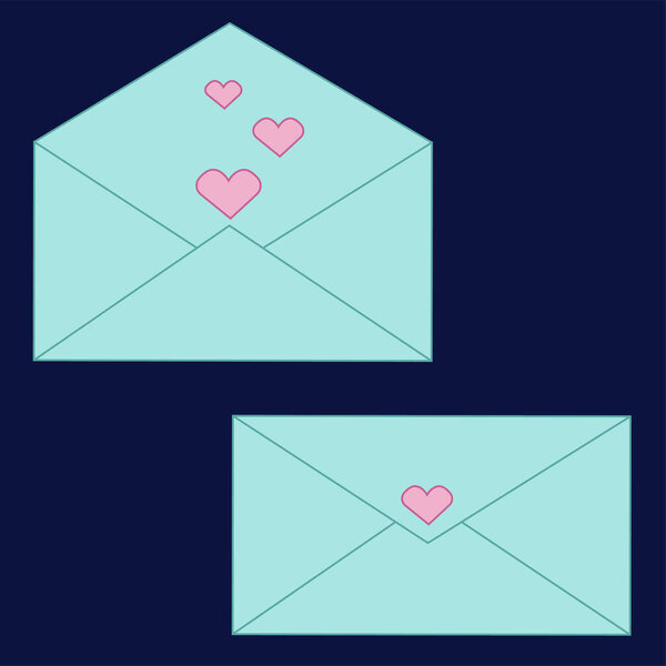 Card with hearts flat icon isolated on dark background. Cute design in pastel colors for stickers, postcard, valentine day, gift wrapping paper, wedding invitations. Message icon. Postcard with hearts