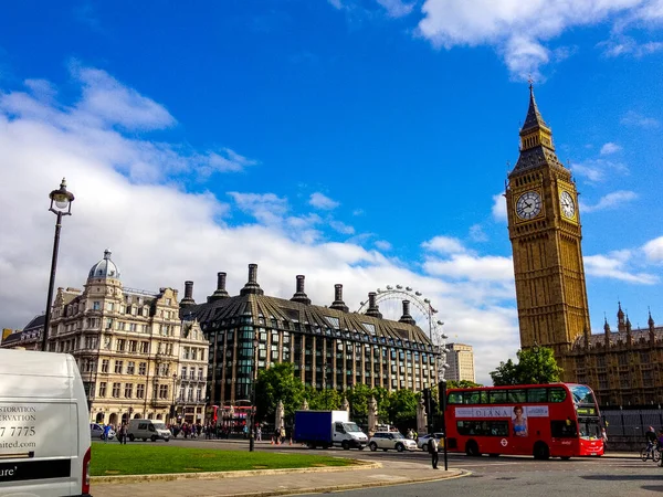 Londyn Wielka Brytania 2019 Wieża Zegarowa Big Ben Autobus Piętrowy — Zdjęcie stockowe