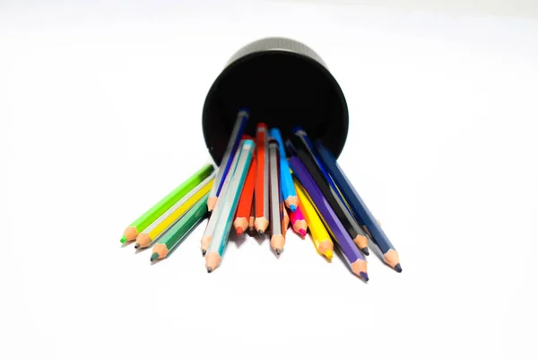 Jar Full Different Colored Pencil Crayons Fallen White Background — Stock Photo, Image