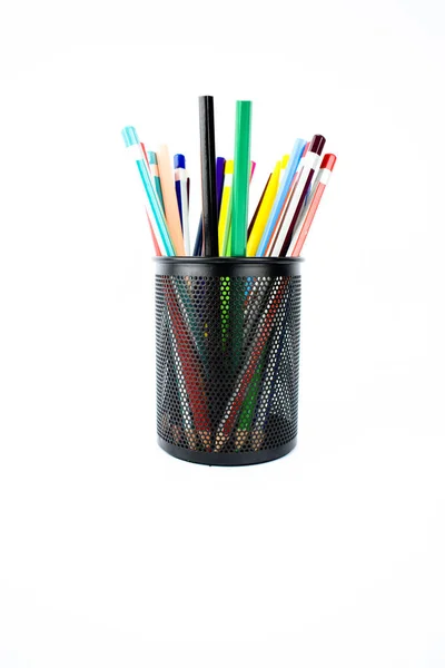 Portrait Jar Full Different Colored Wood Pencils Wax Crayons White — Stock Photo, Image