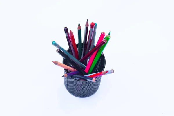 Bunch Different Colored Pen Pencil Crayons Gathered Black Pencil Holder — Stock Photo, Image