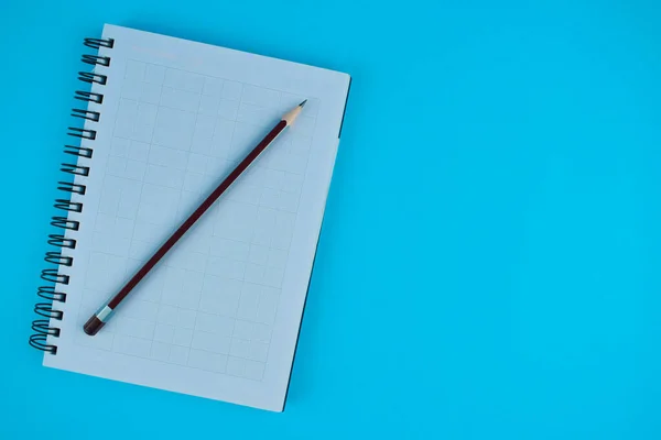 薄い青の紙の背景の前に白い開いた日記の上に紫色の鉛筆 — ストック写真