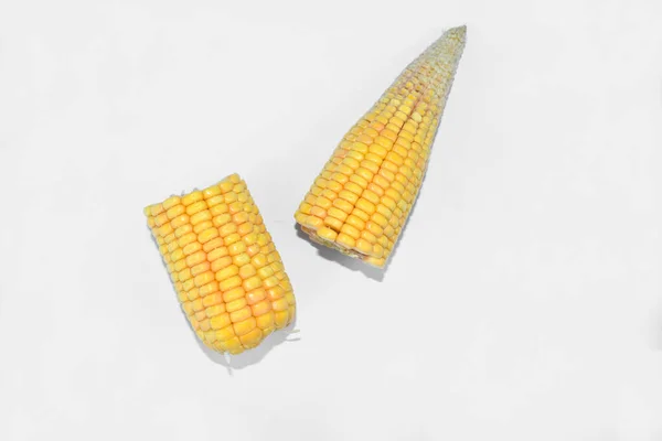 Top View Two Half Pieces Sweet Yellow Ear Corn Isolated — Stock Photo, Image