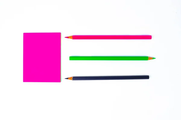 Top View Three Different Colored Wood Pencil Crayons Pointing Pink — Stock Photo, Image