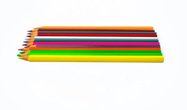 Tíz Különböző Színű Ceruza Zsírkréta Rendezett Egy Sorban Egy Elszigetelt — Stock Fotó