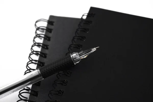 白い背景に2つの黒い色のノート日記の上に配置された1つの黒い色のボールポイントペン — ストック写真