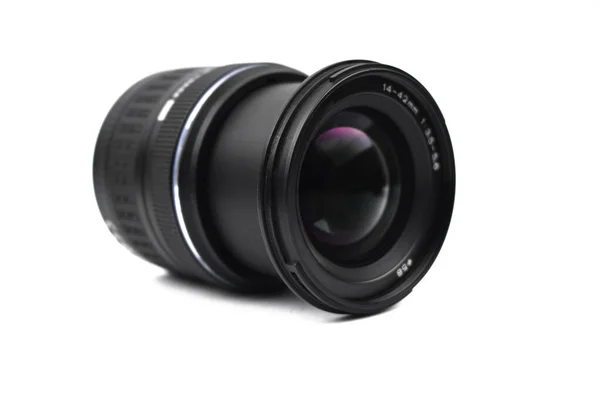 Front View Single Camera Lens Black Color Placed Isolated Empty Stock Photo