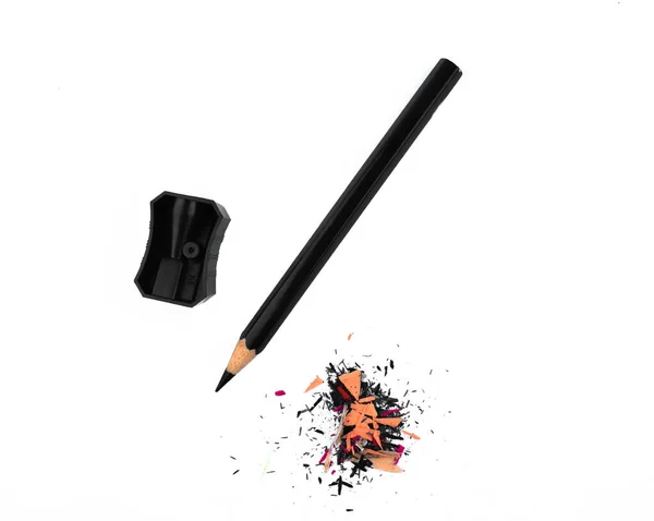 Study Materials Containing Black Pencil Black Pencil Sharpener White Background — Stock Photo, Image